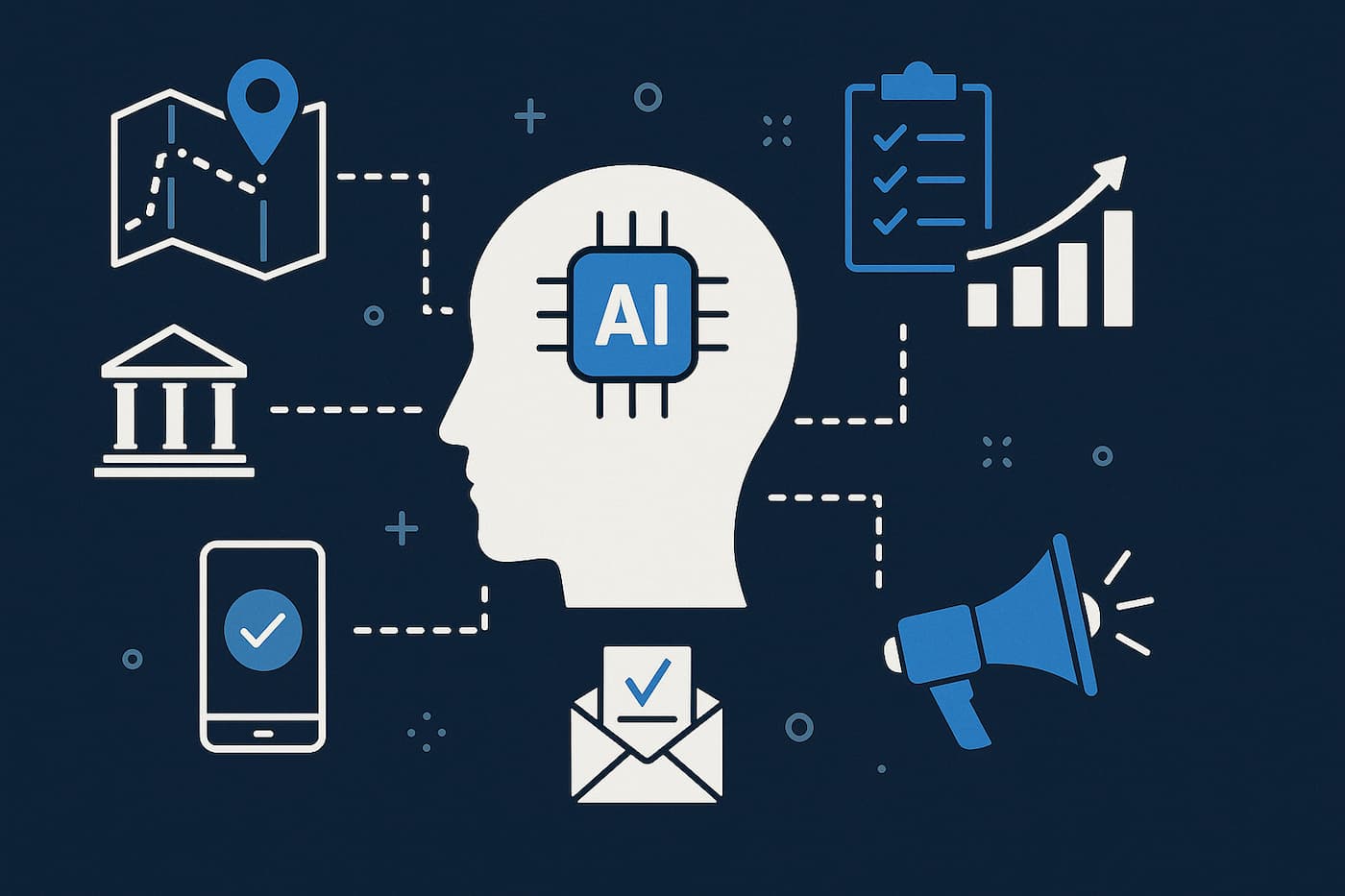 A digital illustration of a human head with an AI microchip icon at its center, connected by dotted lines to various campaign-related symbols including a map, chart, megaphone, mobile phone, government building, and checklist—representing artificial intelligence guiding modern political canvassing and voter outreach.