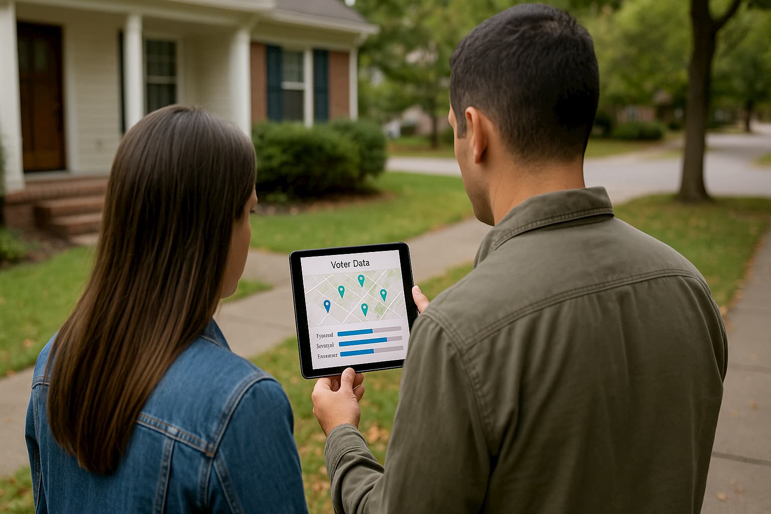 Two political canvassers stand outside a suburban home, viewed from behind, looking at a tablet displaying a neighborhood voter map with data points and bar charts. The scene captures a quiet, tree-lined street with a well-kept yard, illustrating the use of digital tools and real-time data in grassroots campaign outreach.